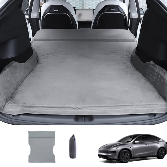 Suede inflatable camping mattress designed for Tesla Model Y and Tesla Model 3, creating a comfortable car sleeping bed for road trips and camping