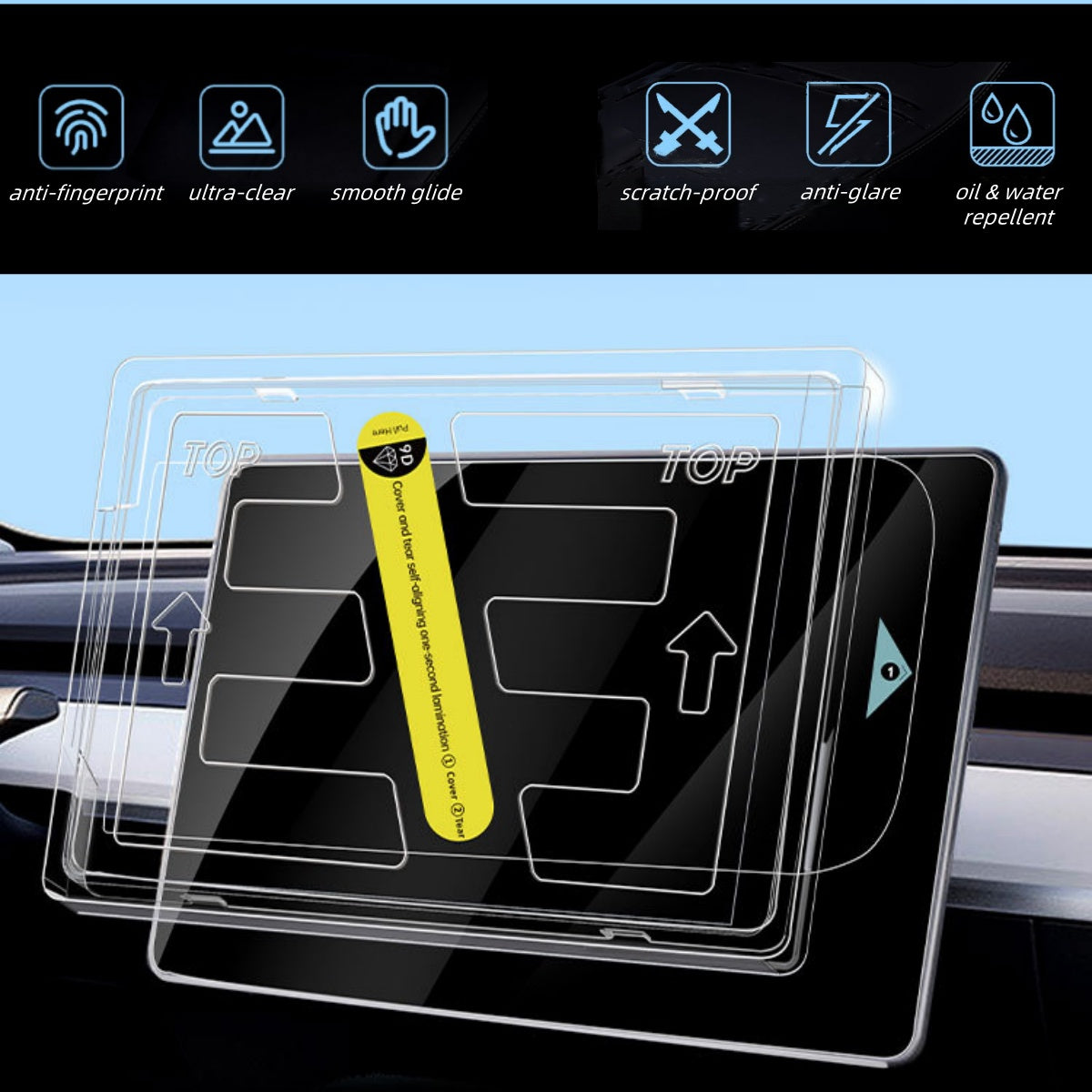 Durable Tesla Model 3/Y screen protector with 9H hardness, resists scratches from keys, coins, and daily hazards, ideal for navigation and rear touchscreen