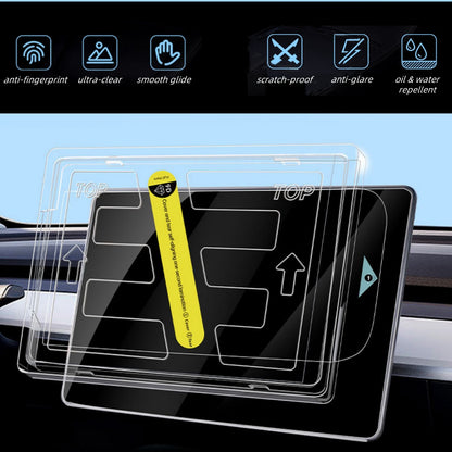 Durable Tesla Model 3/Y screen protector with 9H hardness, resists scratches from keys, coins, and daily hazards, ideal for navigation and rear touchscreen