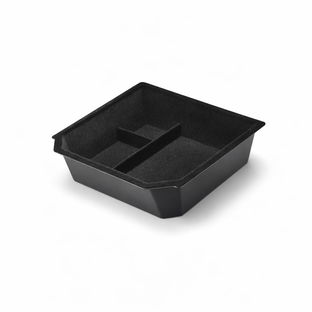 Easy tool-free installation of Tesla console tray, sliding instantly into place for organized storage and improved functionality