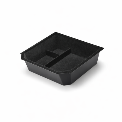 Easy tool-free installation of Tesla console tray, sliding instantly into place for organized storage and improved functionality