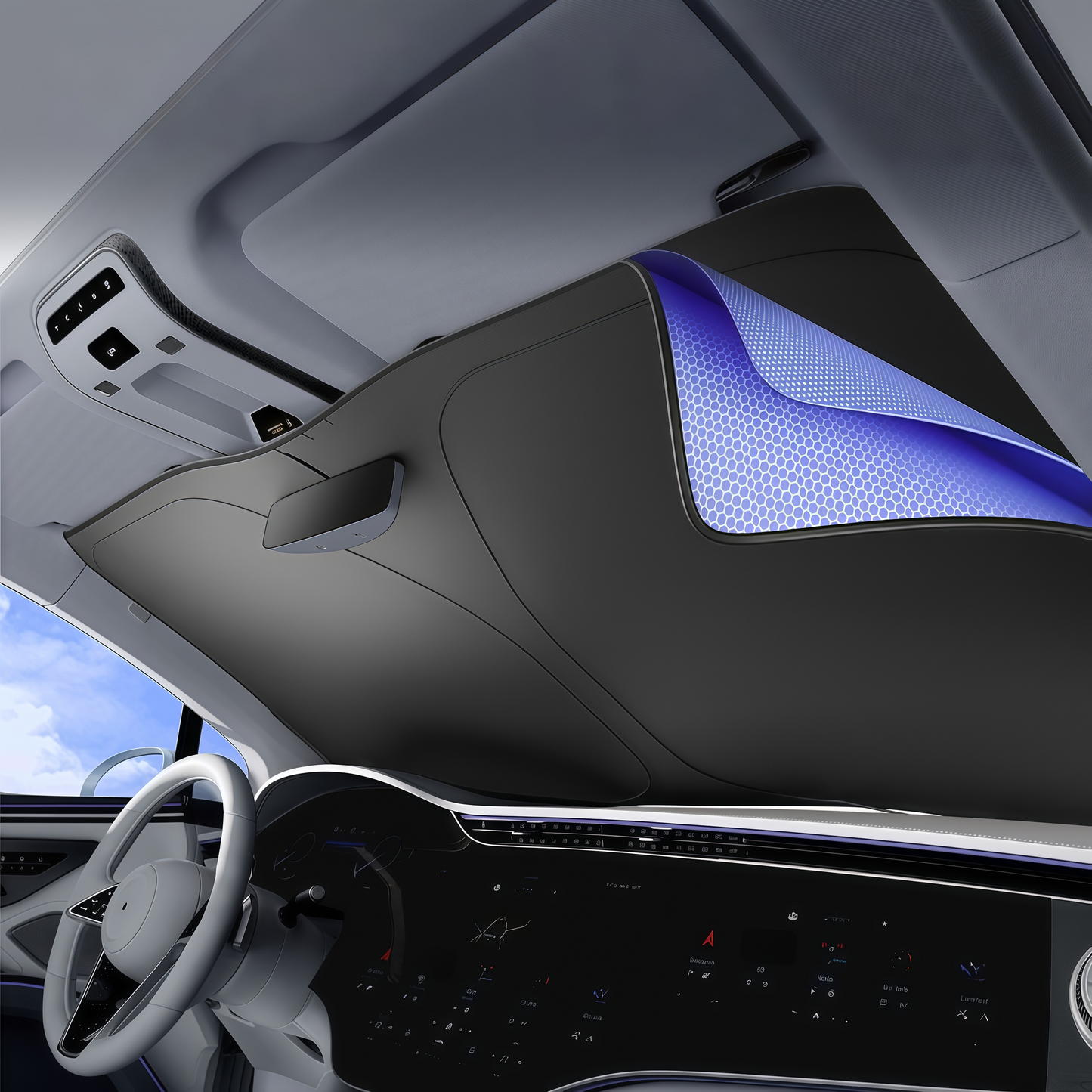 Upgraded windshield sun shade with reflective coating blocks UV rays and protects dashboard and seats from damage