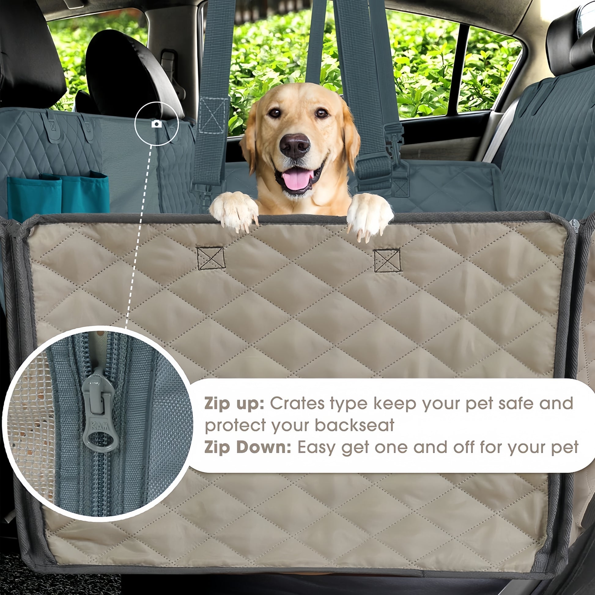 Velcro seat belt openings allow safe harness use for small dogs while keeping the car seat protected
