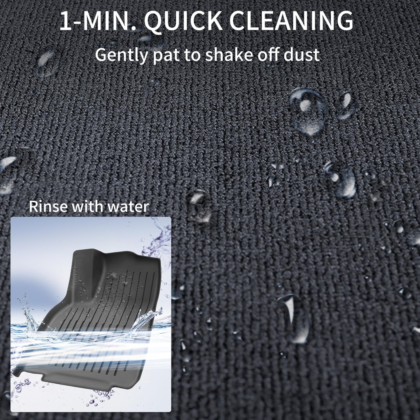 Waterproof all-weather floor liners protecting Tesla Model Y from mud, rain, snow, sand, and road debris